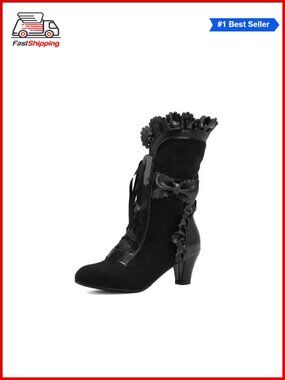 Women Victorian Lace Up Mid Calf Boots Bow Knot Cosplay Gothic